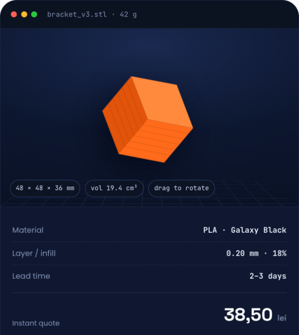 A 3D preview of an uploaded part with material, lead time and a quote, as pictured on the Forge site.